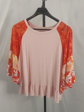 The Pioneer Woman Floral Bell Sleeve Peplum Top Pink Orange Boho XXXL